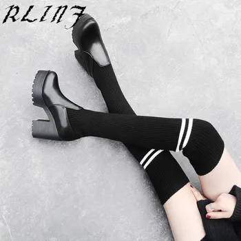 

RLINF Sexy Over The Knee Snow Boots Winter Thigh High Boots Thick and Round Head Over The Knee Wool Stretch Boots