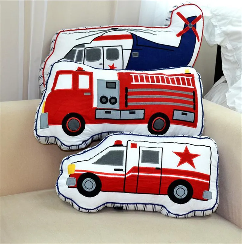 

Cotton Cloth Quilt Embroidered Cartoon Fire Engine Plane Shape Cushion Throw Pillows Kids Boy Bedroom Deor