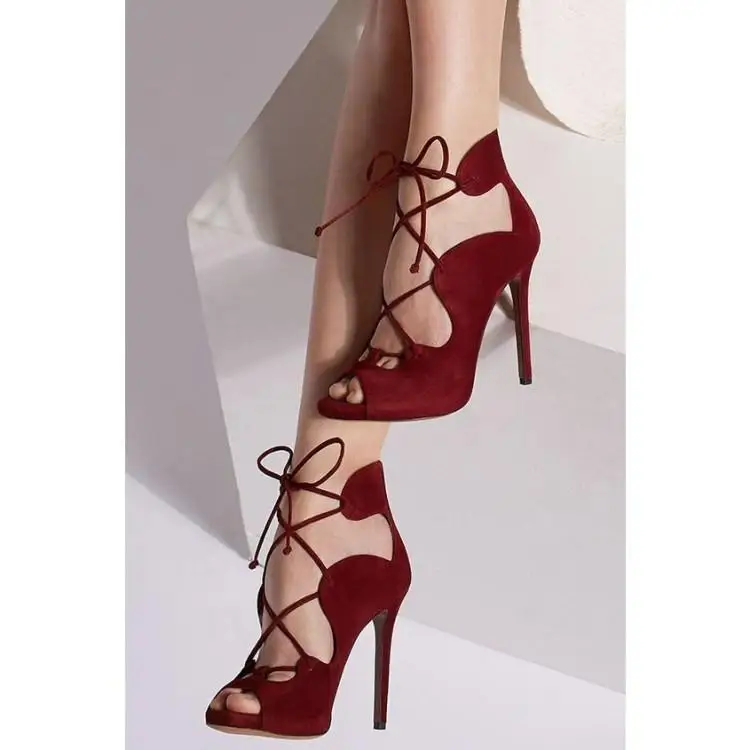 

Luxury Wine Red Suede Sandalias Mujer 2019 Peep Toe Cross Tied Lace Up Gladiators High Heels Shoes Woman Chic Ruffles Zapatos