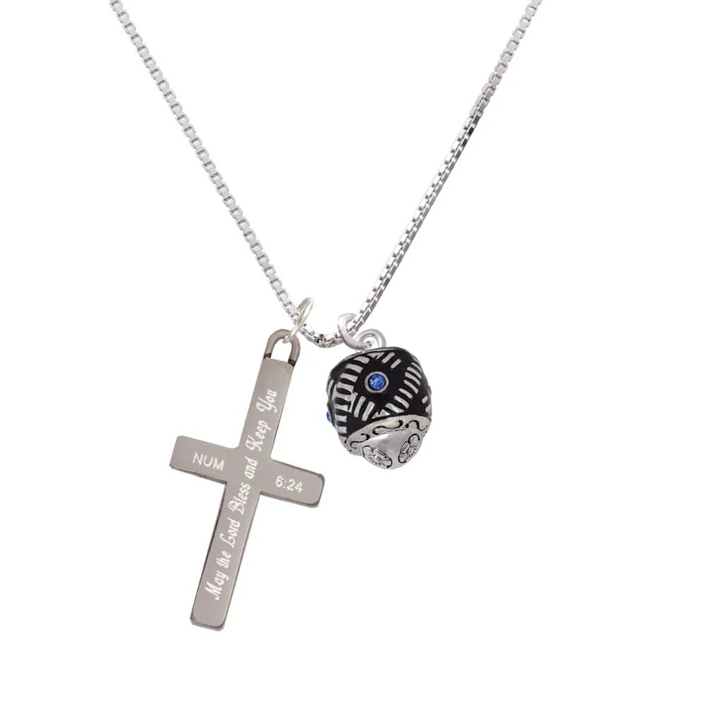 Diagonal Banded Barrel with Blue Crystals Spinner - Bless and Keep You - Cross Necklace