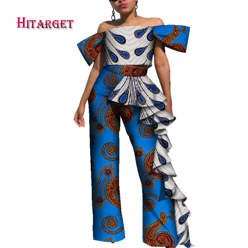 Африканская одежда Топ и широкие брюки африканские женские комплекты из 2 предметов со штанами Базен риче Африканский принт жемчужная рубашка и брюки WY4061 - Цвет: 20