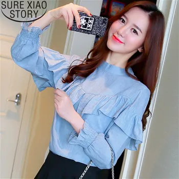 

blusas mujer de moda 2019 womens tops and blouses chiffon blouse Ruffles Solid Turtleneck Flare Sleeve women shirts 1883 50
