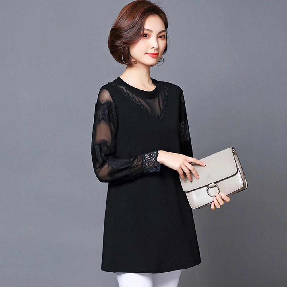 Spring and summer new style large size L-5XL women's clothing Temperament lace mesh gauze stitching top