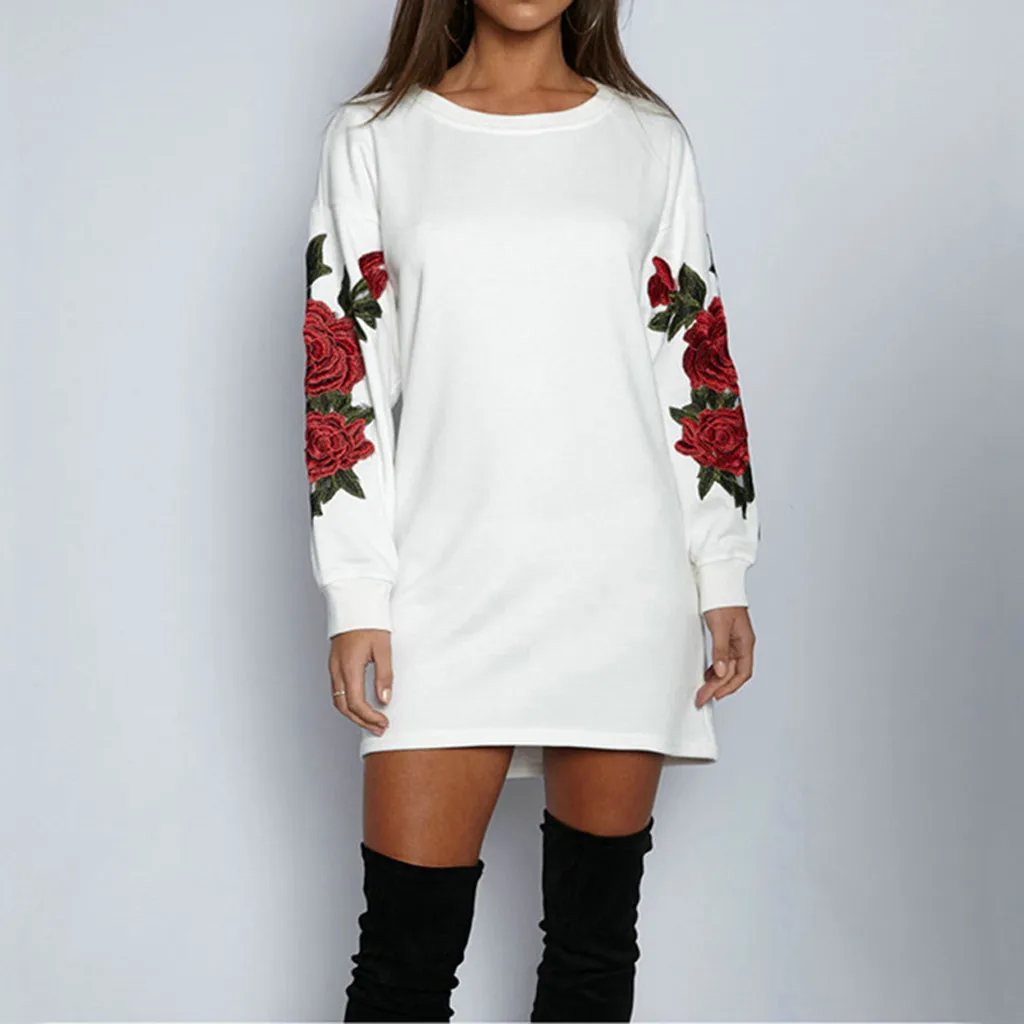 

Women Harajuku Sweatshirt Long Tops O Neck Rose Embroidery Long Sleeves Casual Pullover Sweatshirt Women Autumn Sweatshirts 2019
