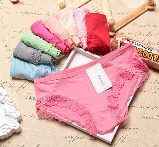 

Free Shipping The 017 women's candy color breathable lace underwear modal Ms pure color underwear #7258