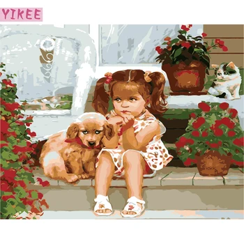 

paint by numbers for adults,Little girl and puppy,painting by numbers for home decoration