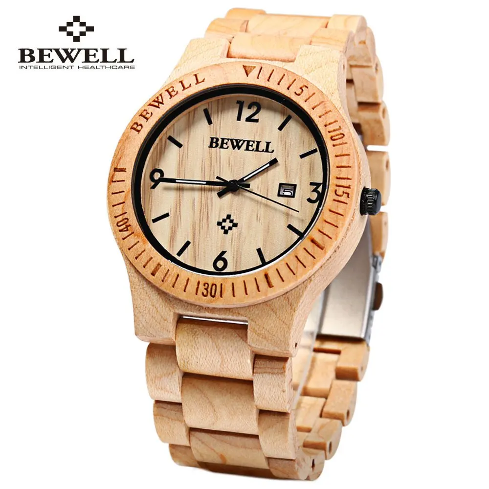 

2018 Hot Sell Men Dress Watch BEWELL Men Wooden Quartz Watch with Calendar Display Bangle Natural Wood Watches Gifts Relogio
