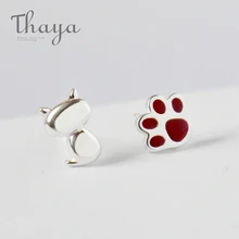 Thaya 925 серебряные ювелирные изделия Красный милый кот лапа шпильки корейский, асимметричный серьги женские сережки Oorbellen Букле д 'ореиль для женщин
