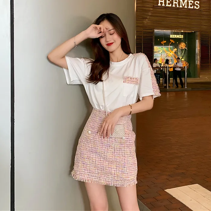 

Aihuyigui summer short sleeve cotton t shirt sweet women 2 piece suit set +high waist tweed raw plaid miniskirt set Female se407
