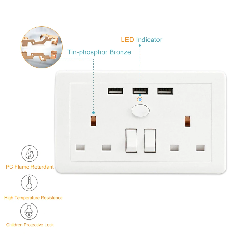 Multi functional Electric Wall штепсельная розетка питания с 3 USB зарядным портом AC 110 ~ 250 V UK
