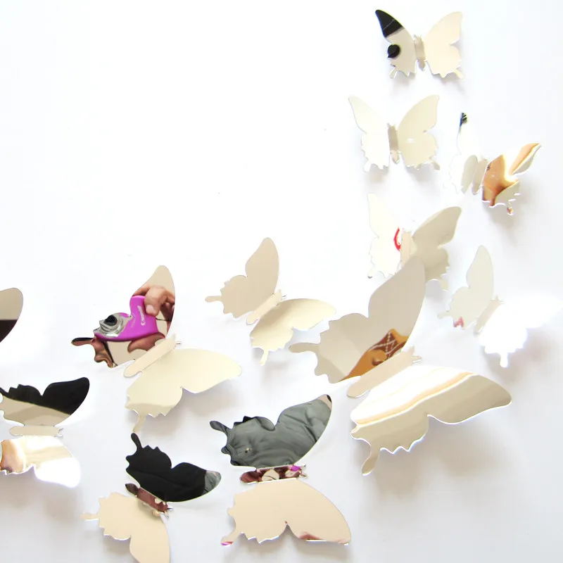 12 шт./компл. красивые DIY зеркальные серебряные 3D наклейки на стену с бабочкой вечерние свадебные украшения дома искусство стены Золотой подарок для детей