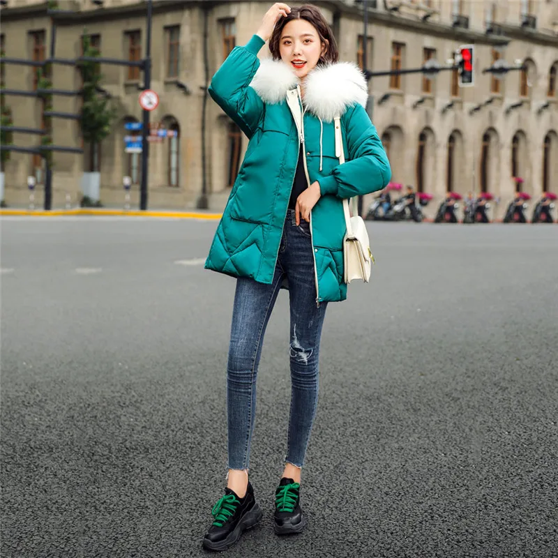 Зимнее пальто женские черные зеленые бежевые Большие размеры свободные парки с капюшоном с перьями 19 новые корейские модные желтые толстые термокуртка CX987