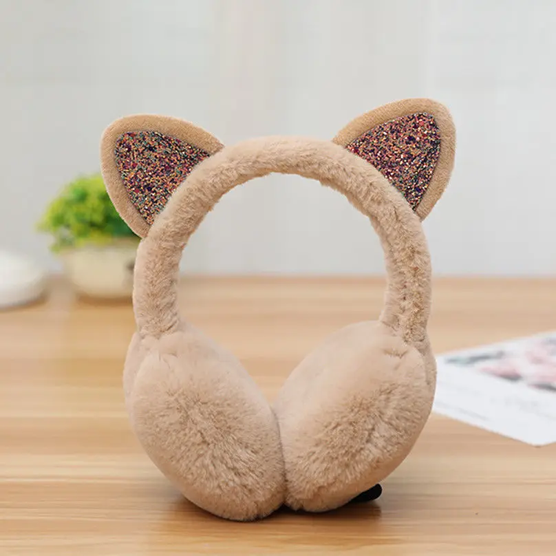 Winter New Ladies Girls Winter Plush Ear Pad Glitter Cat Earmuffs Headband Warmer Outdoor Cute Earmuff - Цвет: Хаки