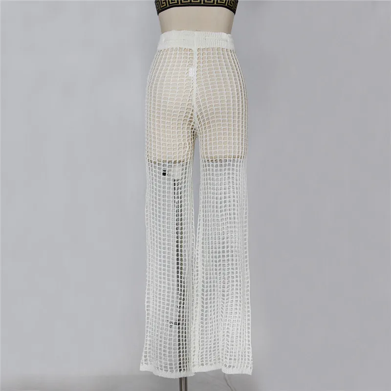 Adogirl Women Beach Flare Pants Solid Knitted Hollow Out Fishnet Wide Leg Pants High Waist Lace Up Sashes Night Club Trousers