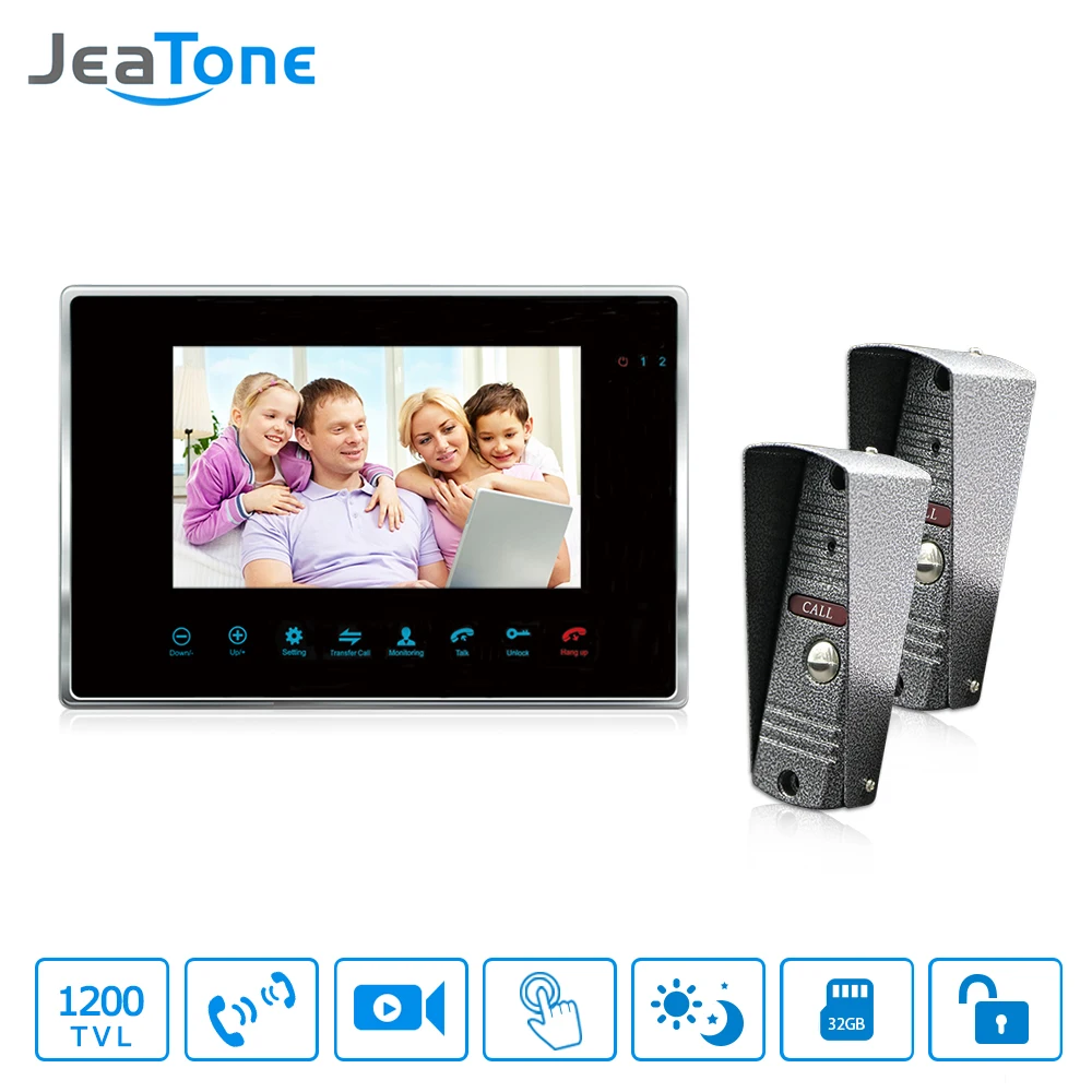 JeaTone NEW 7 inch Touch Button Video door phone intercom system 1 monitor +1200TVL COMS Camera for home