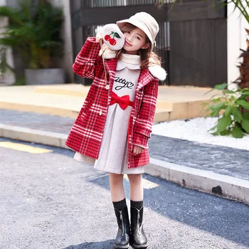 

2018 winter clothing sets kids red girls wool coats +dresses 2 pieces
