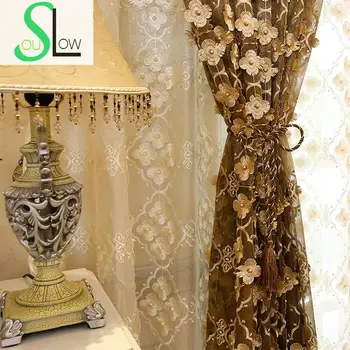 

[Slow Soul] New European Pearl Embossed Embroidery Curtain Nail Full Living Room Bedroom Balcony Floral Tulle Curtains Luxury