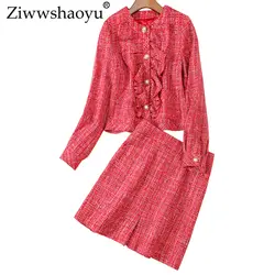 Ziwwshaoyu элегантные клетчатые комплекты однобортное пальто с оборками + мини-юбка с высокой талией комплект из двух предметов осень-зима