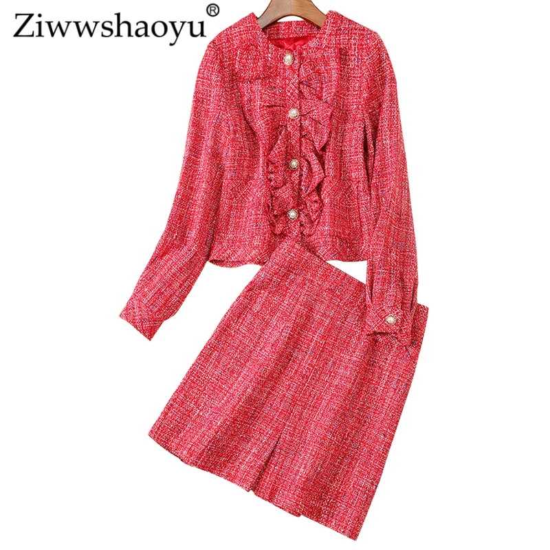 

Ziwwshaoyu Elegant Plaid Sets Ruffles Single Breasted coat + High waist Mini skirt Two-piece set Autumn and winter new women's