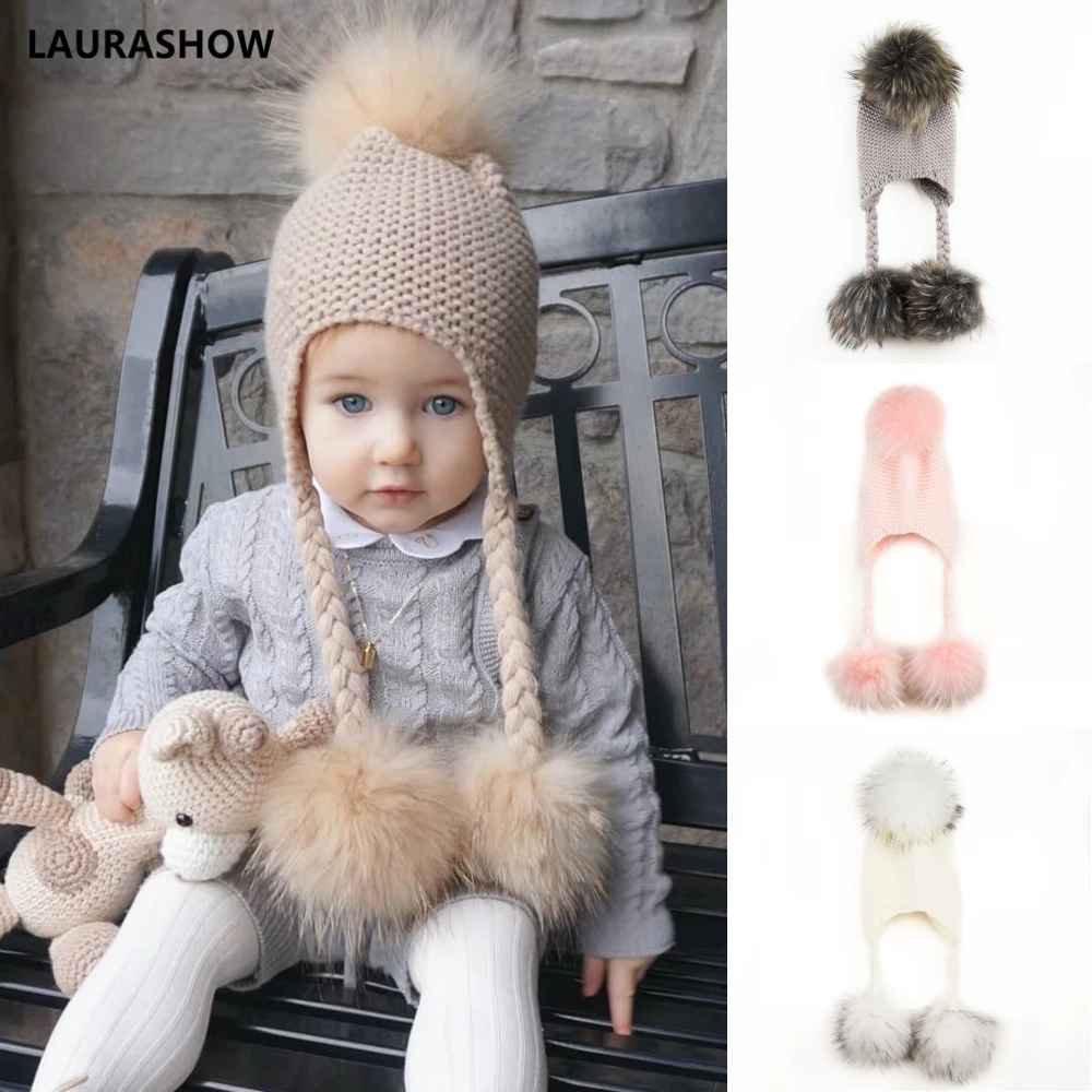 Детская зимняя шапка с помпоном из натурального меха норки енота|beanie wool|pompom hathat