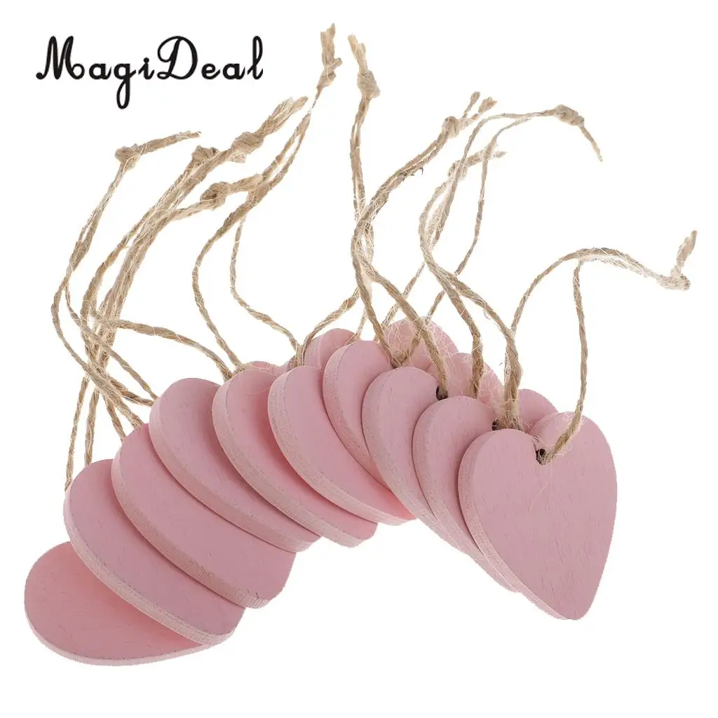 MagiDeal 10 Pieces Painted Wood Heart Tags Hanging Craft DIY Home Decorations pink Wind Chimes Hanging Tags Wedding Decoration