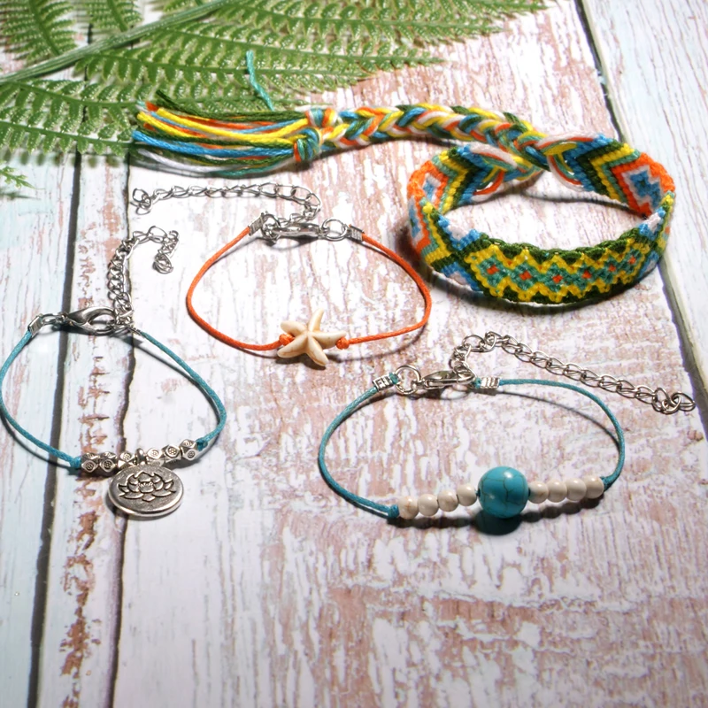 MOON GIRL Handmade Weave Bobo Lotus Anklet Set Fashion Starfish 4 Pieces Bohemian Chic Summer Bracelet ankle for Women Gift - Image 2