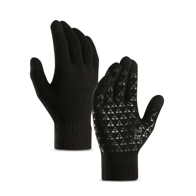 Зимние вязаные мужские перчатки с сенсорным экраном, дамские модные теплые плюс бархатные утолщенные шерстяные перчатки для езды на велосипеде, Нескользящие перчатки дл пар - Цвет: men-black
