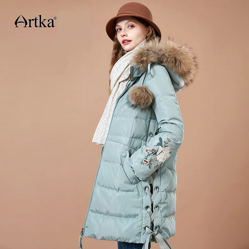 Goedkoop ARTKA 2018 Winter Nieuwe Donsjack vrouwen Lange 90% Witte Eendendons Grote Bontkraag Lange Witte Dikke Hooded down Jas ZK10782D