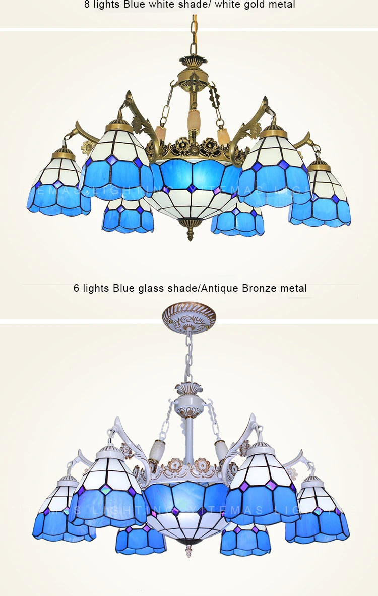 8 света люстра Tiffany синий стеклянный Белый Античная бронза отделка E27/E26 керамический держатель лампы богемный Люстра для прихожей