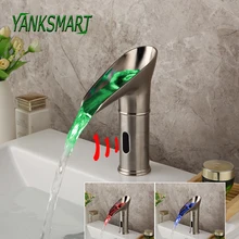YANKSMART Матовый никель светодиодный кран для раковины ванной комнаты Водопад Автоматический Инфракрасный датчик ручной сенсорный кран смеситель