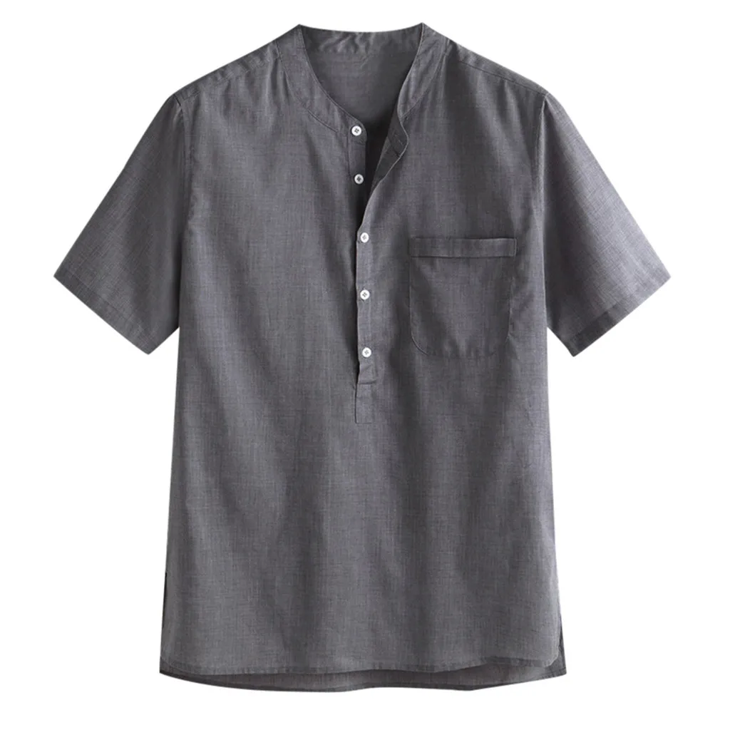 

feitong Summer Men's Cool Thin Breathable Solid Color Button Cotton Shirt Short Sleeve Linen Shirt Male