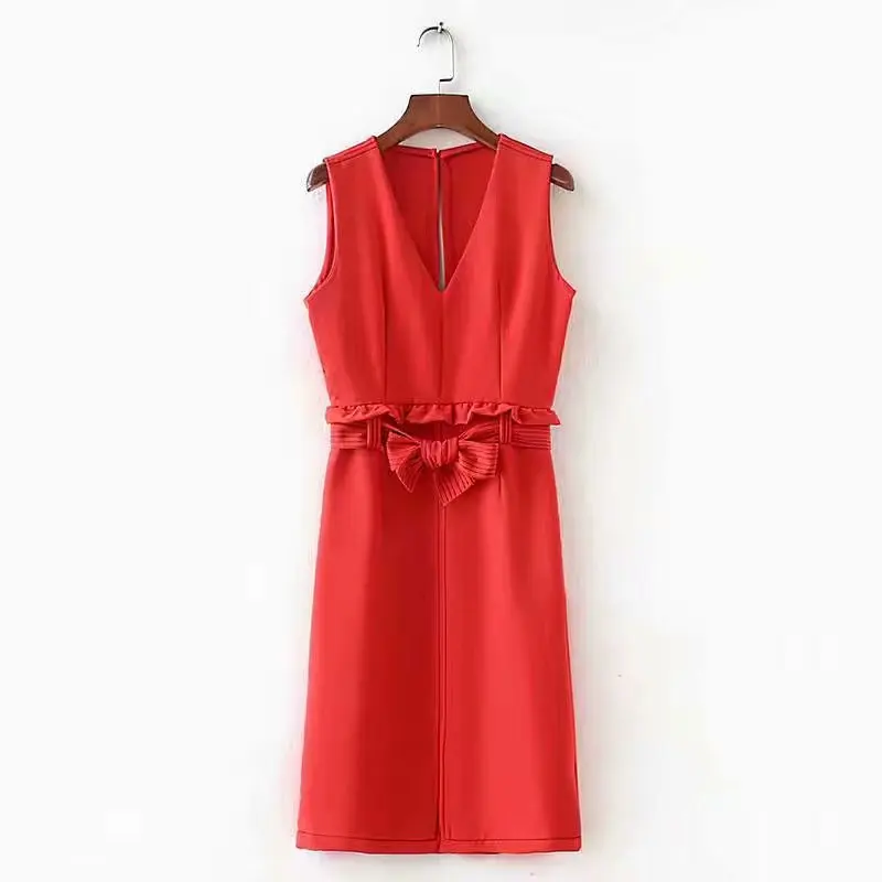 Buy 2018 women vintage v neck sleevelss bow decoration