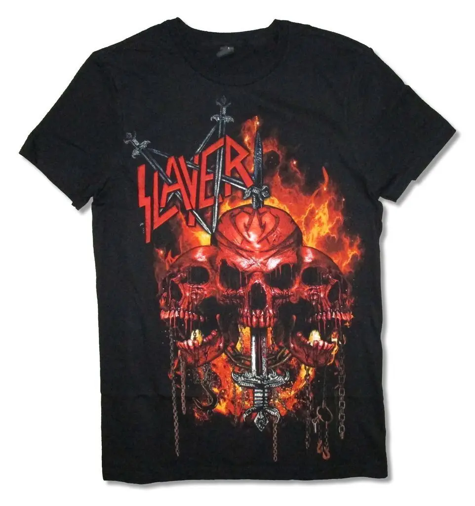 

Slayer Tri Skulls Sword Chains Image Black T Shirt New Official Band Merch 2018 Fashion Short