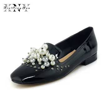 

XiuNingYan Women Shoes Genuine Leather Flats Crystal Loafers Pearls Patent Leather Shoes 2018 Spring Slip on Ladies Shoes Woman