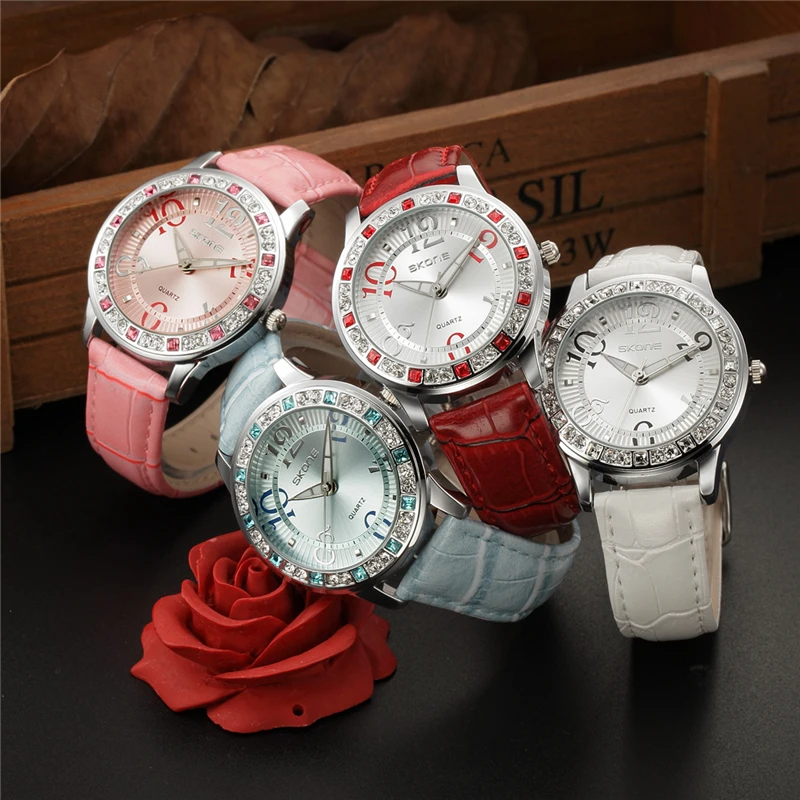 SKONE Роскошные часы женские модные дизайнерские кожаные кварцевые женские часы Брендовые женские часы для девочек relogio feminino
