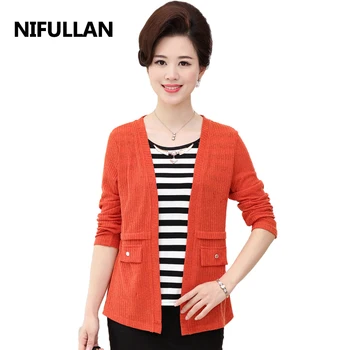

NIFULLAN Spring Autumn Mother Clothing Stripe Tops False Two Pieces Long Sleeve Knitted T-shirt Women's Plus Size Tee Shirts