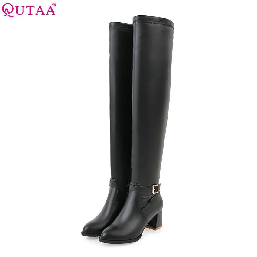 

QUTAA 2018 Women Over The Knee High Boots Zipper Fashion Square High Heel Pointed Toe All Match Women Boots Size 34-43