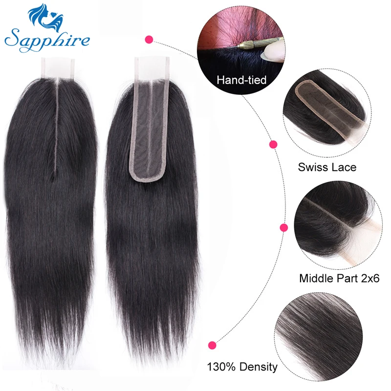 

Sapphire Straight Brazilian Hair 2*6 Lace Closure Natural Color For Black Woman High Ratio Hair Closure 8-20 Inches Middle Part