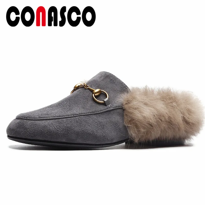 

CONASCO New Women Slingbacks Pumps Fur Autumn Winter Mules Shoes Woman Round Toe Comfort Casual Shoes New Elegant Prom Pumps