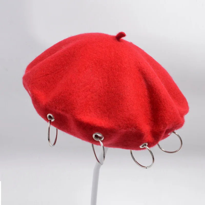 

6 Colors Fashion Winter Lady Institute Colleague Style Iron Ring 100% Wool Women Beret Bonnet Hole Hat Casual British Artist Cap
