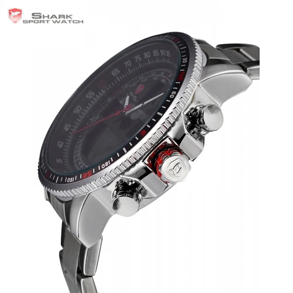 Luxury Winghead SHARK Sport Watch Men Black Dual Time Date Alarm Steel Band Relogio Masculino LCD Quartz Digital Watches /SH325N