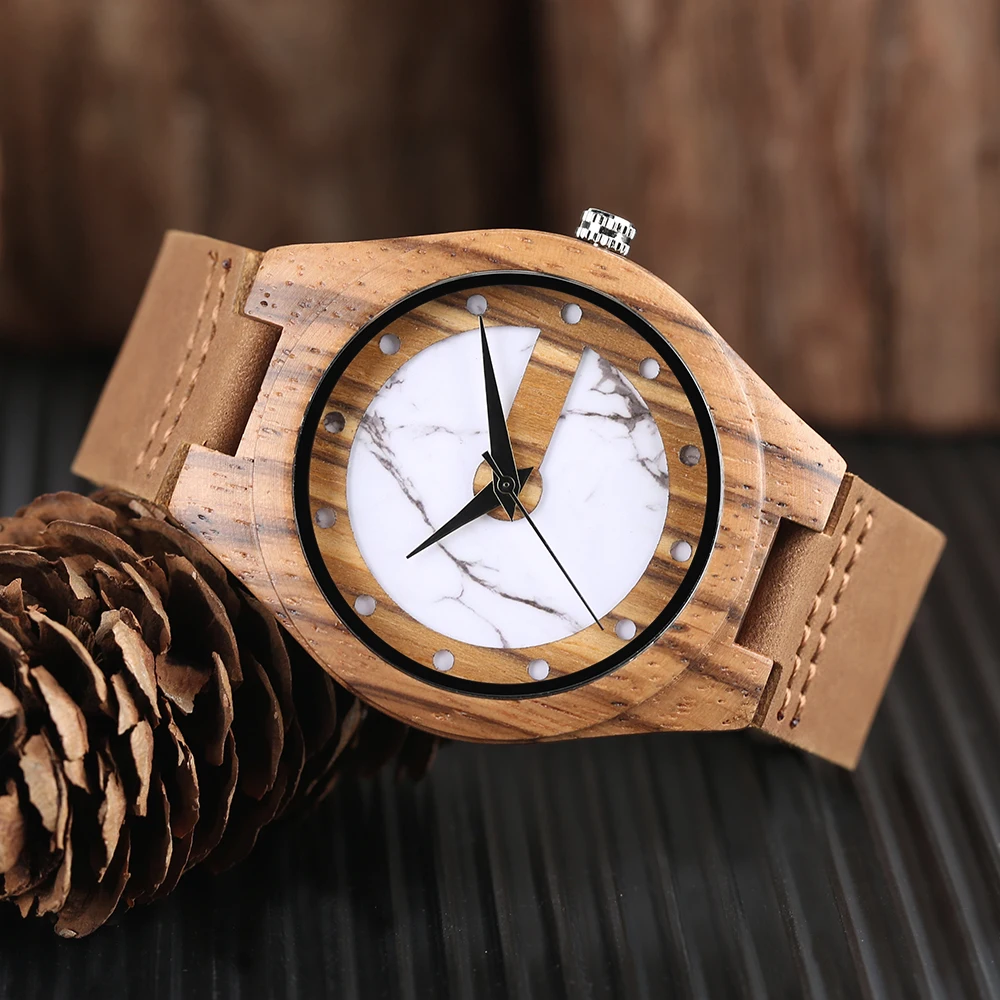 Natural Bamboo Wood Wrist Watch Special Marble Dial Bangle Quartz Watches Genuine Leather Watch Strap Men Women Clock Relogio (21)