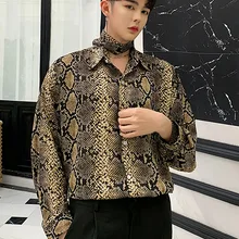 Мужская Повседневная рубашка со змеиным узором с длинным рукавом и галстуком, мужские винтажные Модные свободные рубашки, вечерние рубашки, одежда для сцены