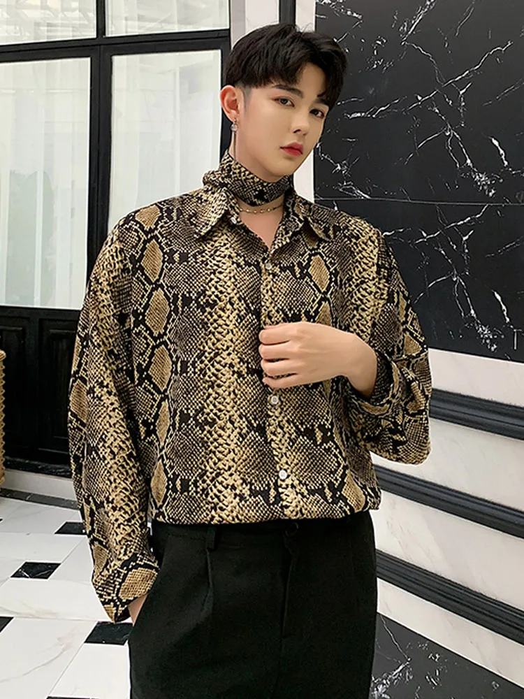 

Men Snake Pattern Casual Long Sleeve Tie Shirt Male Vintage Fashion Loose Dress Shirts Party Stage Clothes