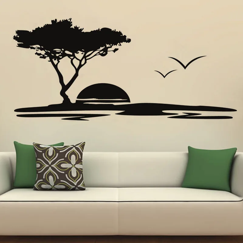 Vinyl Big Tree And Seagulls Nature Vinyl Wall Stickers Seaside Sunset