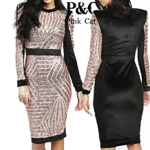 2016 New Rose Gold Sequin Bandage Dress Sexy Long Sleeve Office Patchwork Pencil Midi Dress Sexy Club Night Bodycon Dresses