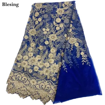 

Blesing French lace fabric with beads african blue tulle laces fabrics high quality net lace embroidery for women party dress