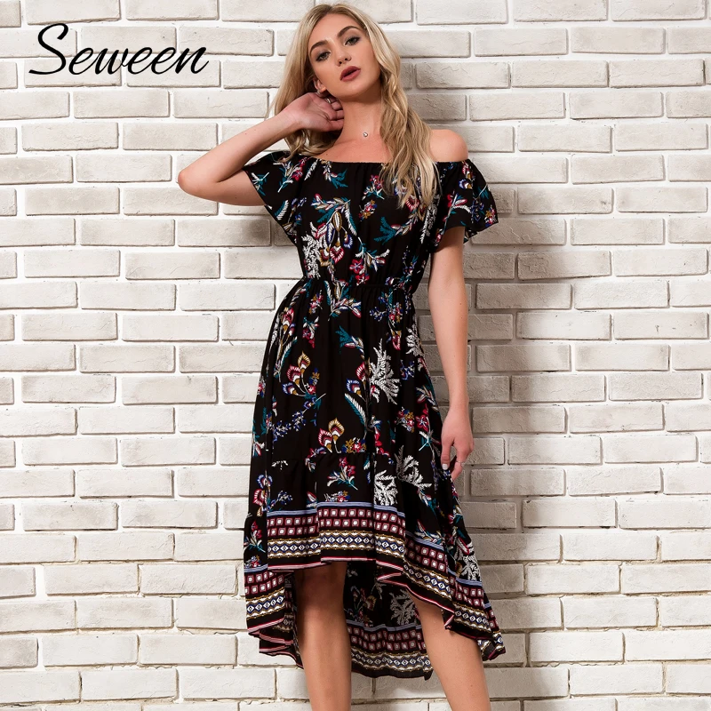 

Bohemian Off Shoulder Dress Summer 2018 New Arrival Fashion Short Sleeve Print Asymmetrical Dresses Ladies Slash Neck Midi Dress
