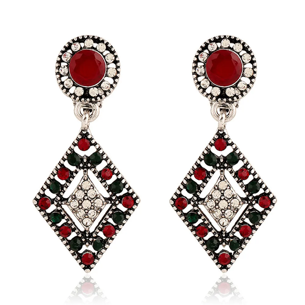

CRLEY Bohemia Rhombus Ear Clip Green Dark Red Hollow Boho Turkish Vintage Wedding Handmade Christmas Jewelry Gifts Bijoux