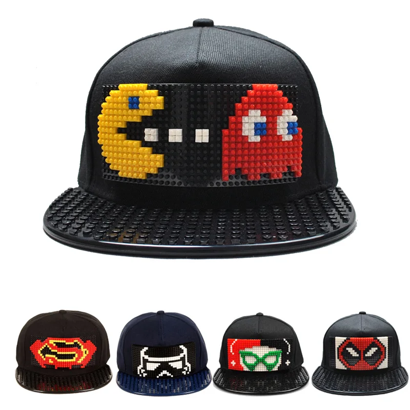 Baratos Nuevo rompecabezas juegos bloques DIY legos gorra de béisbol Bob Marley píxeles superhéroe papá sombreros gorra Snapback para hombres y mujeres desmontable